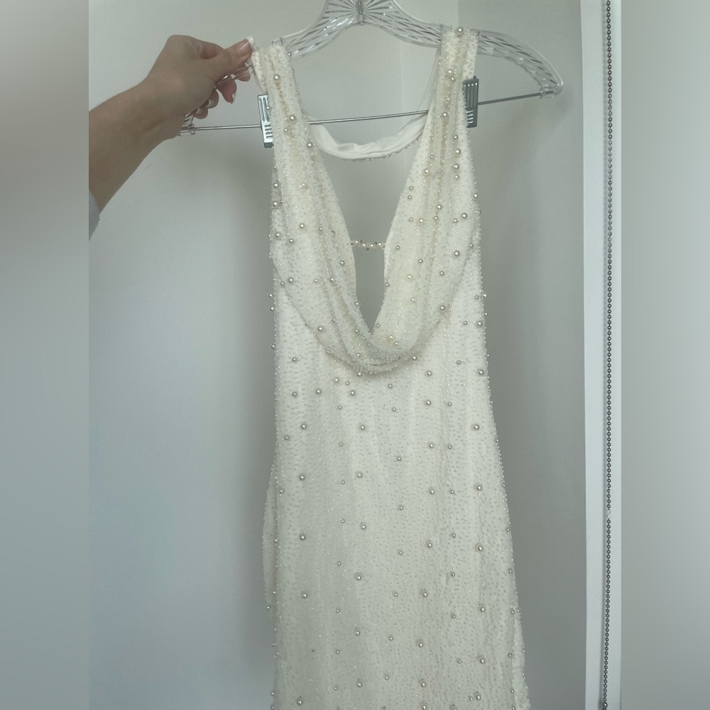Oh, poly white mini dress with pearl embellishment Sexy bachelorette summer